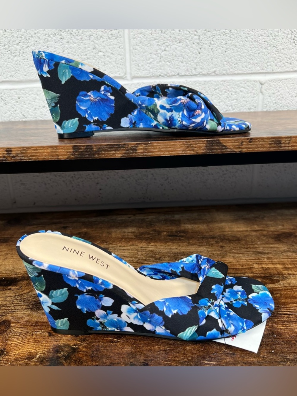 Nine West Sandals Blue Floral Wedge Heel Open Toe Slip On Nudia2 Women's 7 - Picture 6 of 10